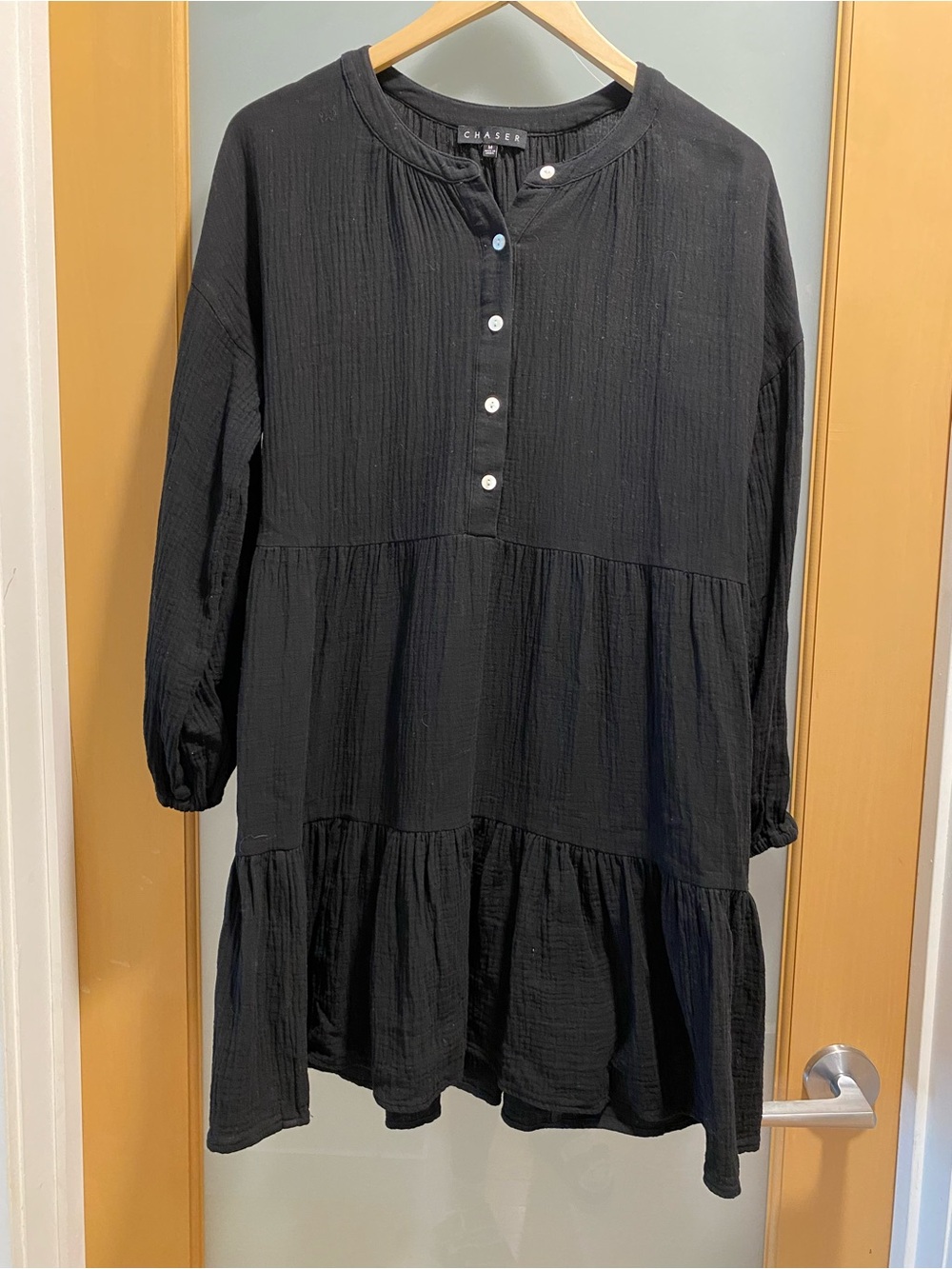 NWOT Chaser Black Button-Front Tiered Tunic 100% Cotton- MEDIUM